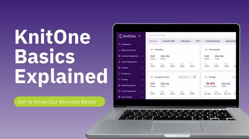 KnitOne software dashboard for inventory and production management.