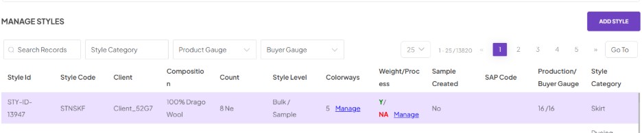 dashboard of Intelligent style  replication and identification for knitwear manufacturers